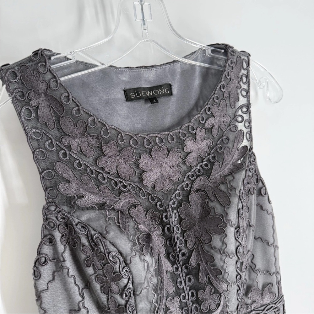 Sue Wong Cocktail Dress Womens Size 4 Gray Sheer Mesh Lace Embroidery Lined - Picture 2 of 10